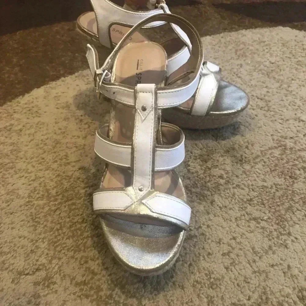 Call it spring heeled sandals/white and gold/7 1-2